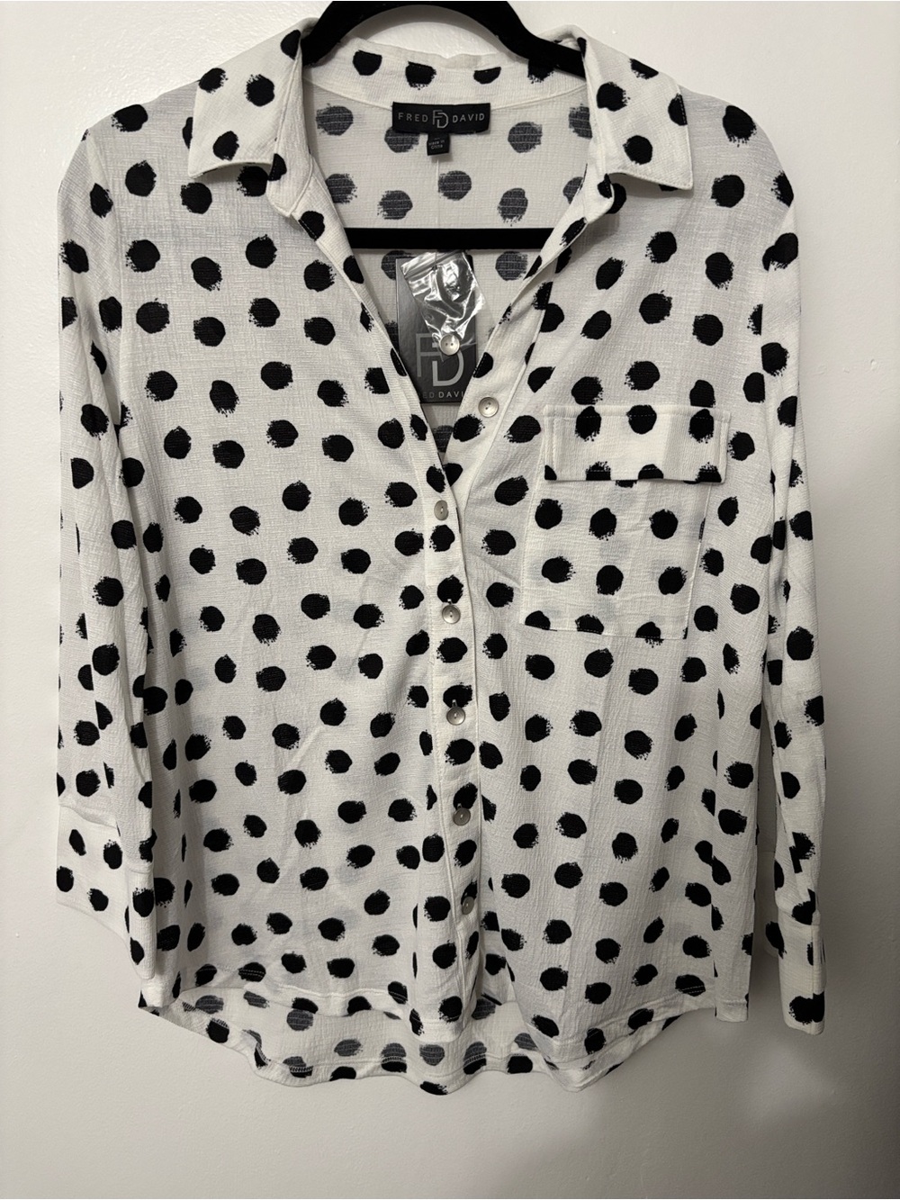 Fred David White and Black Polka Dot Button-Up Blouse